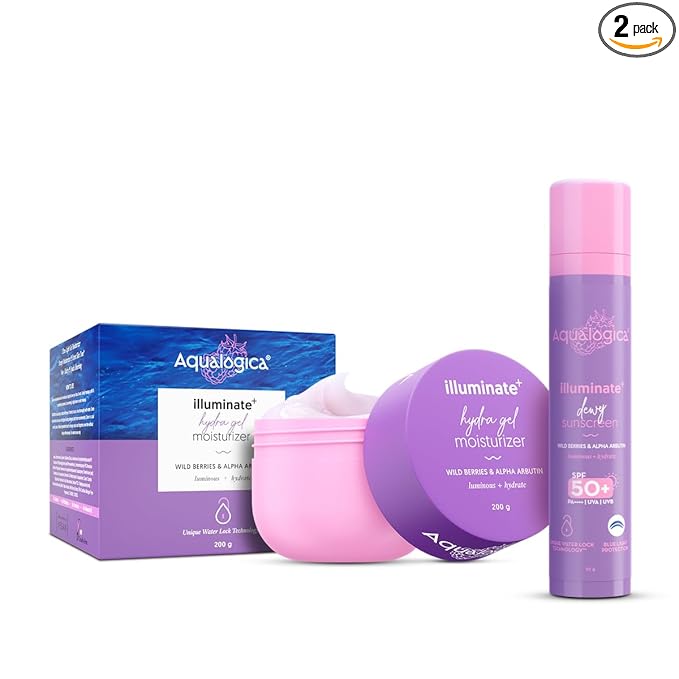 aqualogica illuminate+ protect & hydrate kit|illuminate+ dewy sunscreen spf 50+ pa++++ (50 g) + illuminate+ hydra gel moisturizer (200g)|spf 50+ pa++++|for luminous skin|24 hour intense hydration,all